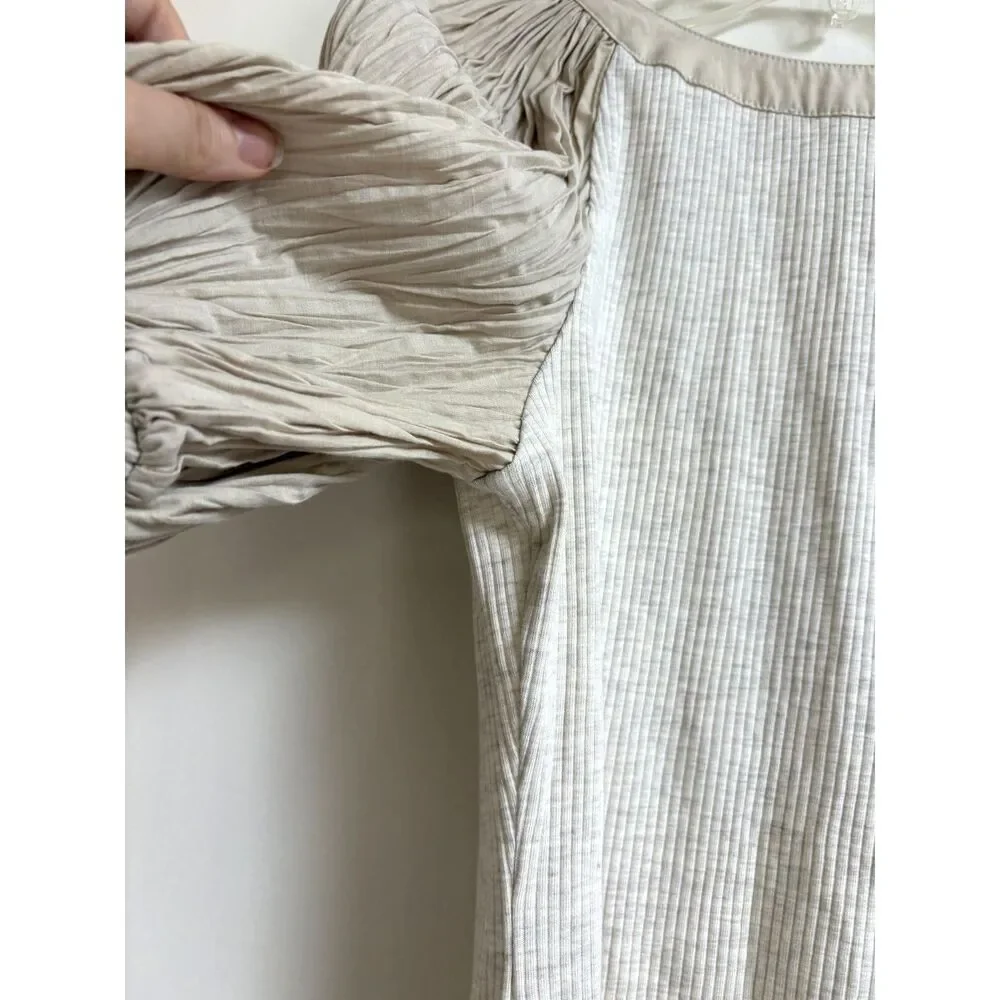 Ulla Johnson Marika Pleated Puff Sleeve Ribbed Henley Blouse Top Cobblestone S